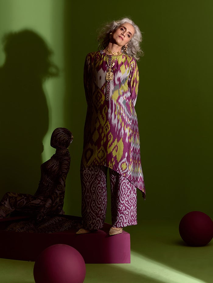 Purple Ikat Print Handkerchief Hem Kurta Set with Pants