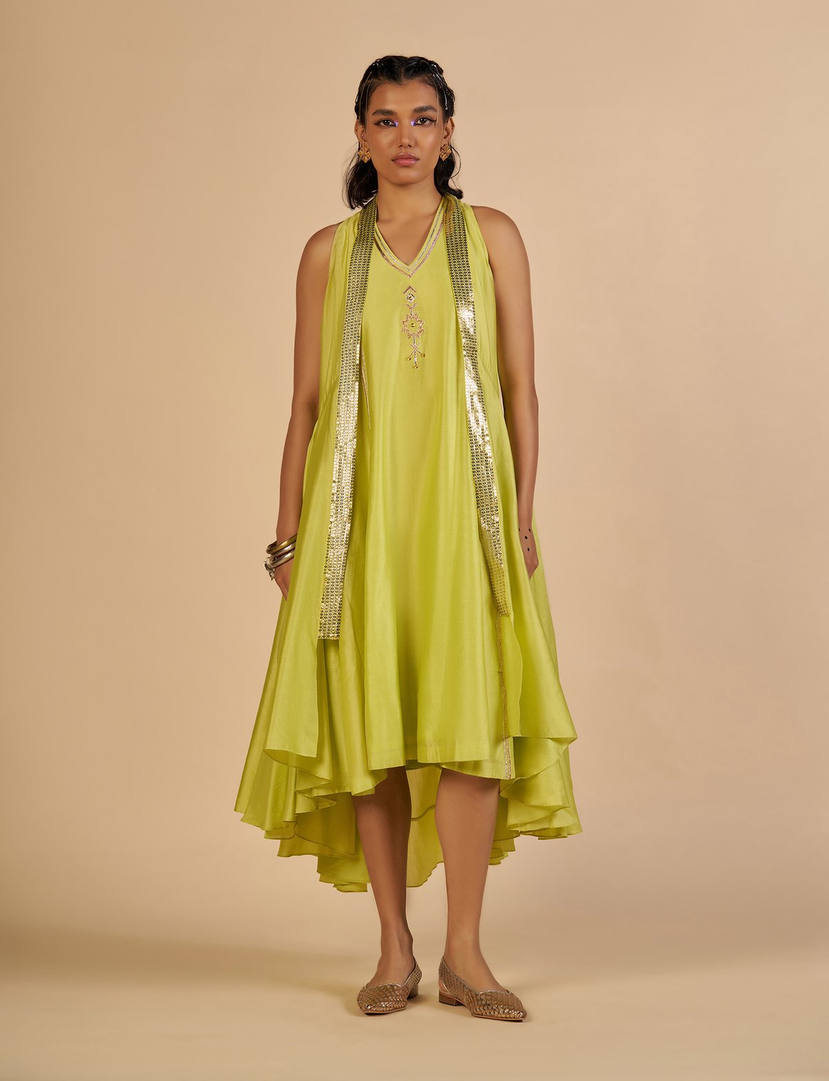 Lime Green Silk Chanderi Sequin Border Overlay Cape
