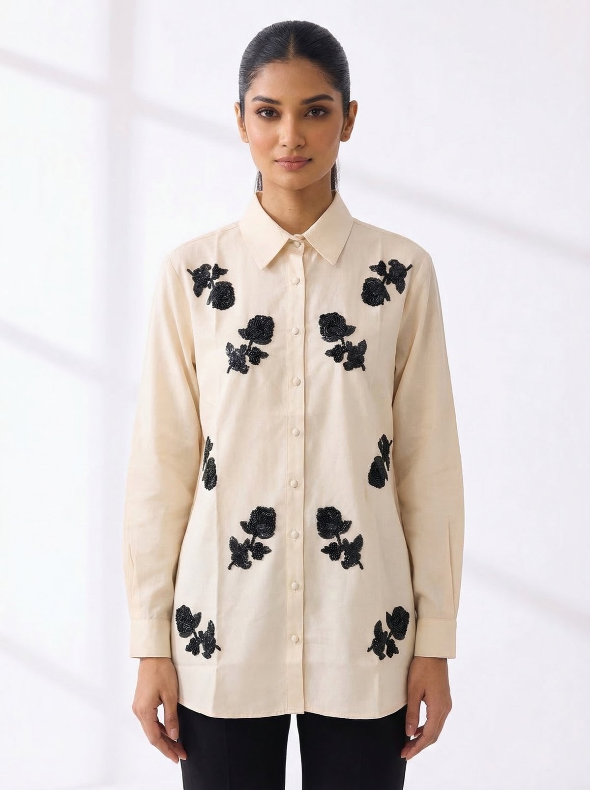 Beige Linen Longline Shirt with Black Floral Motifs