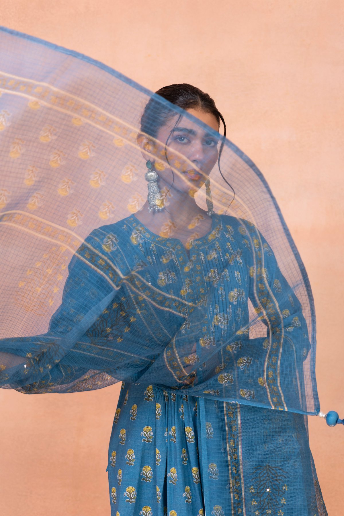 Blue Floral Printed Cotton Kurta Set with Dupatta