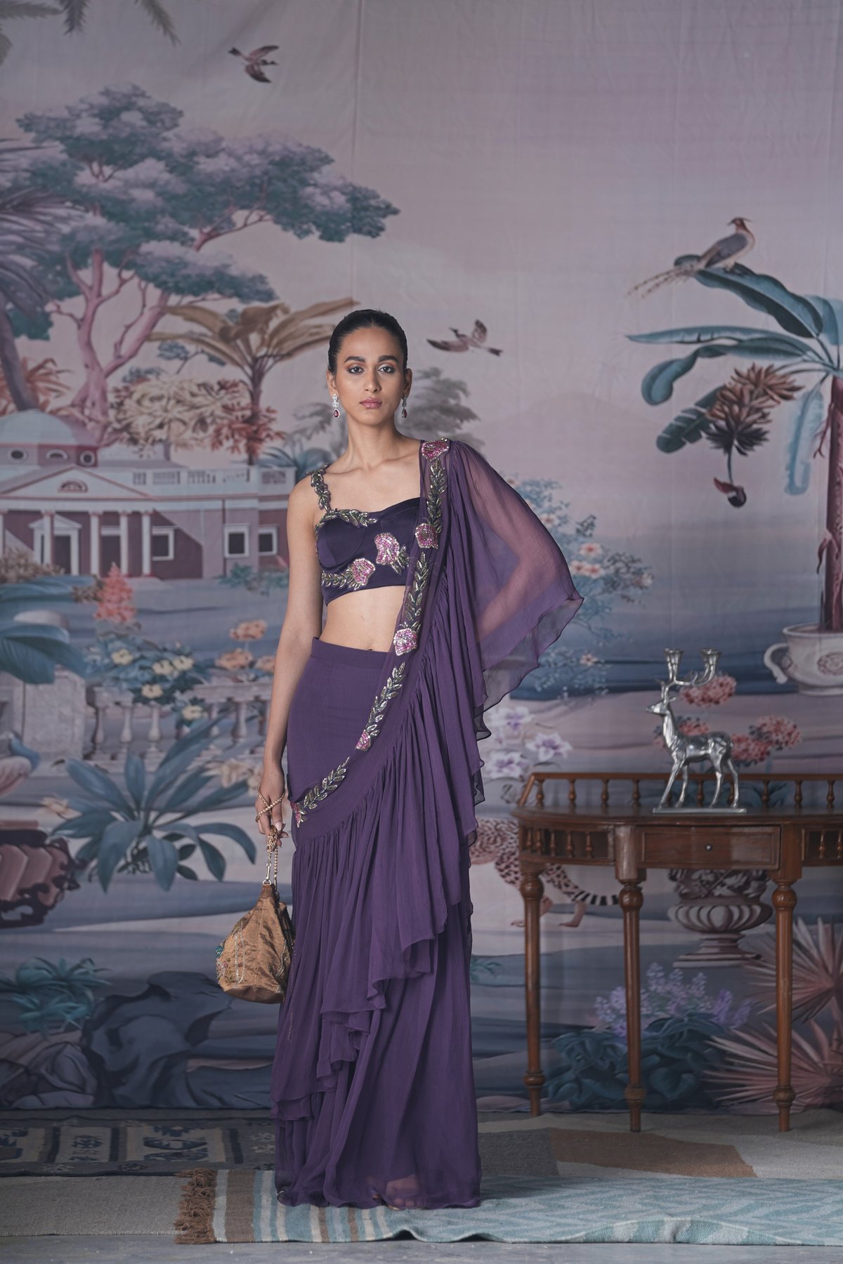 Purple Pre-Draped Saree Co-ord Set with Embroidered Bustier