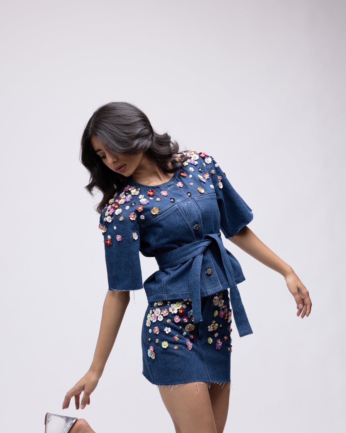 Medium Blue Sequin-Embellished Belted Denim Jacket