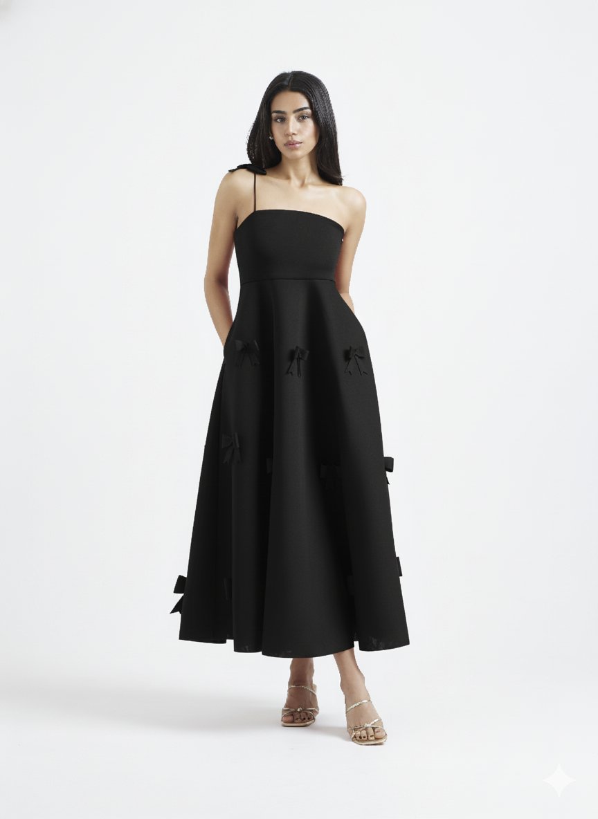 Black Fit and Flare Midi Dress with 3D Bow Applique