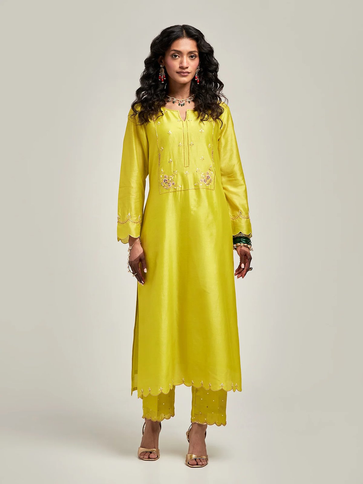 Lime Silk Chanderi Embroidered Yoke Kurta Set