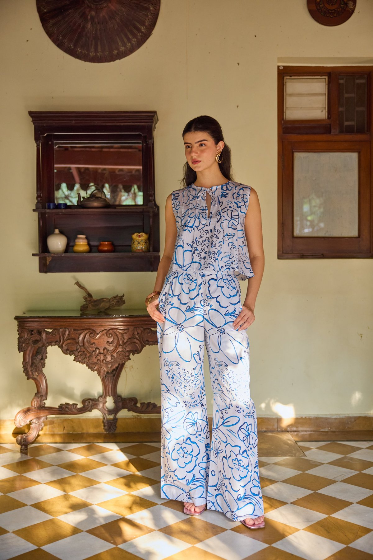 White/Blue Printed Sleeveless Top and Wide-Leg Co-ord Set