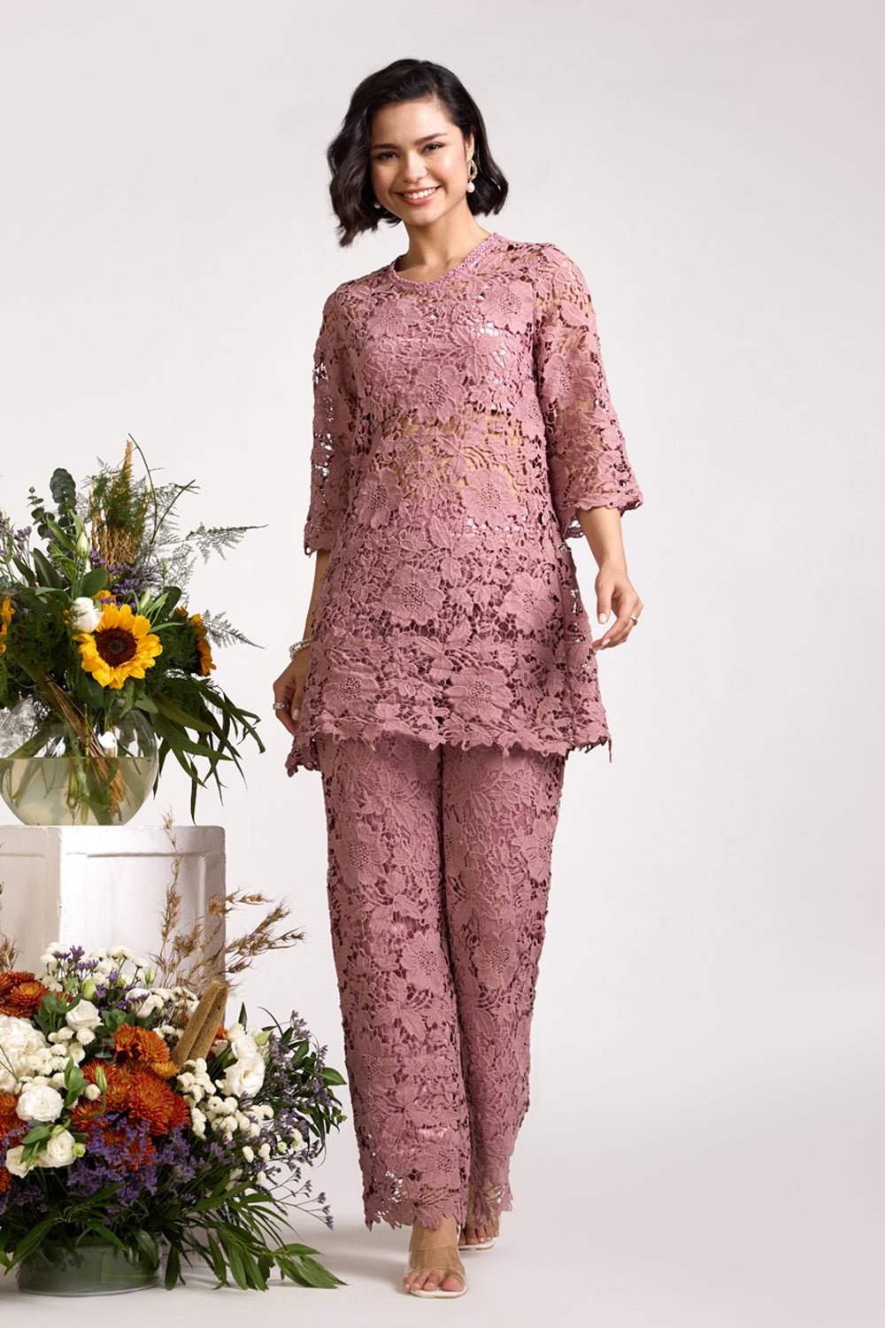 Onion Pink Lace Co-Ord Set with Tunic Top and Wide-Leg Pants
