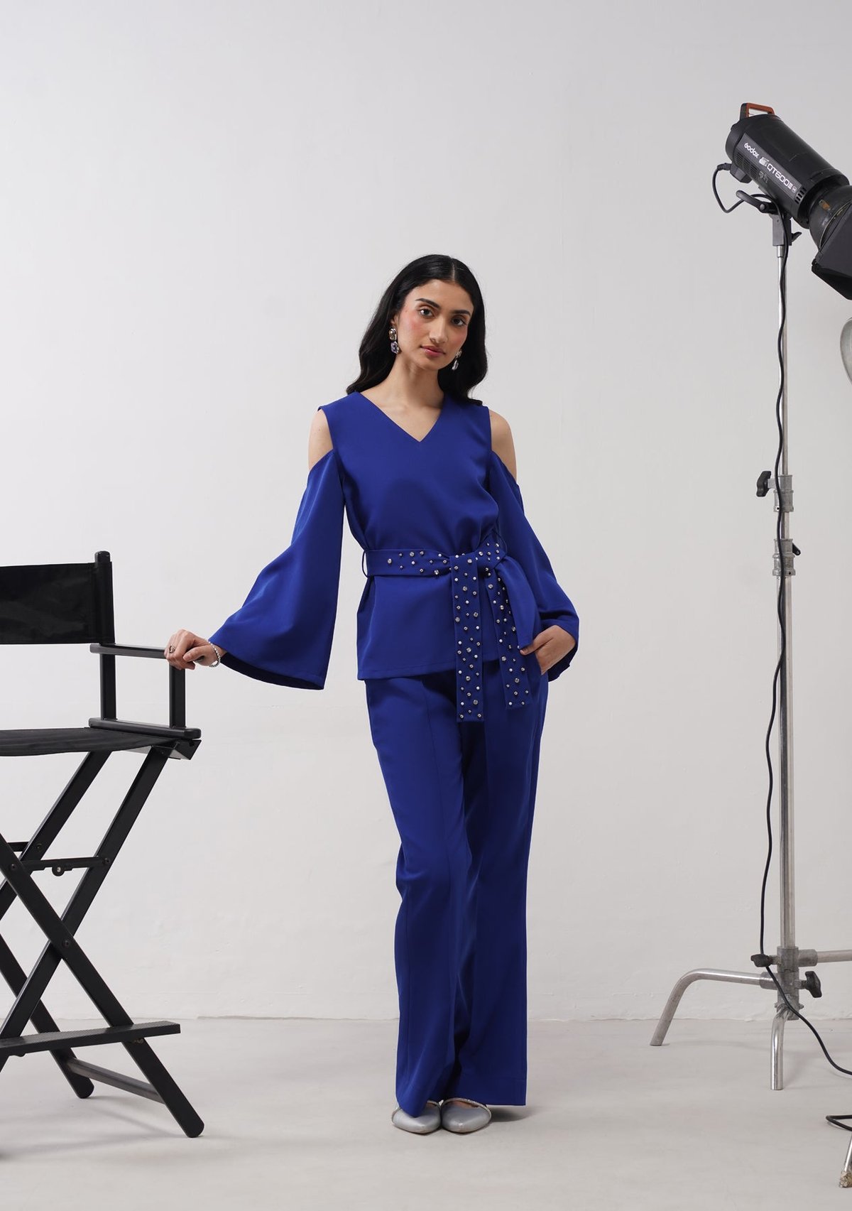Electric Blue Cold-Shoulder Co-ord Set with Rhinestone Belt