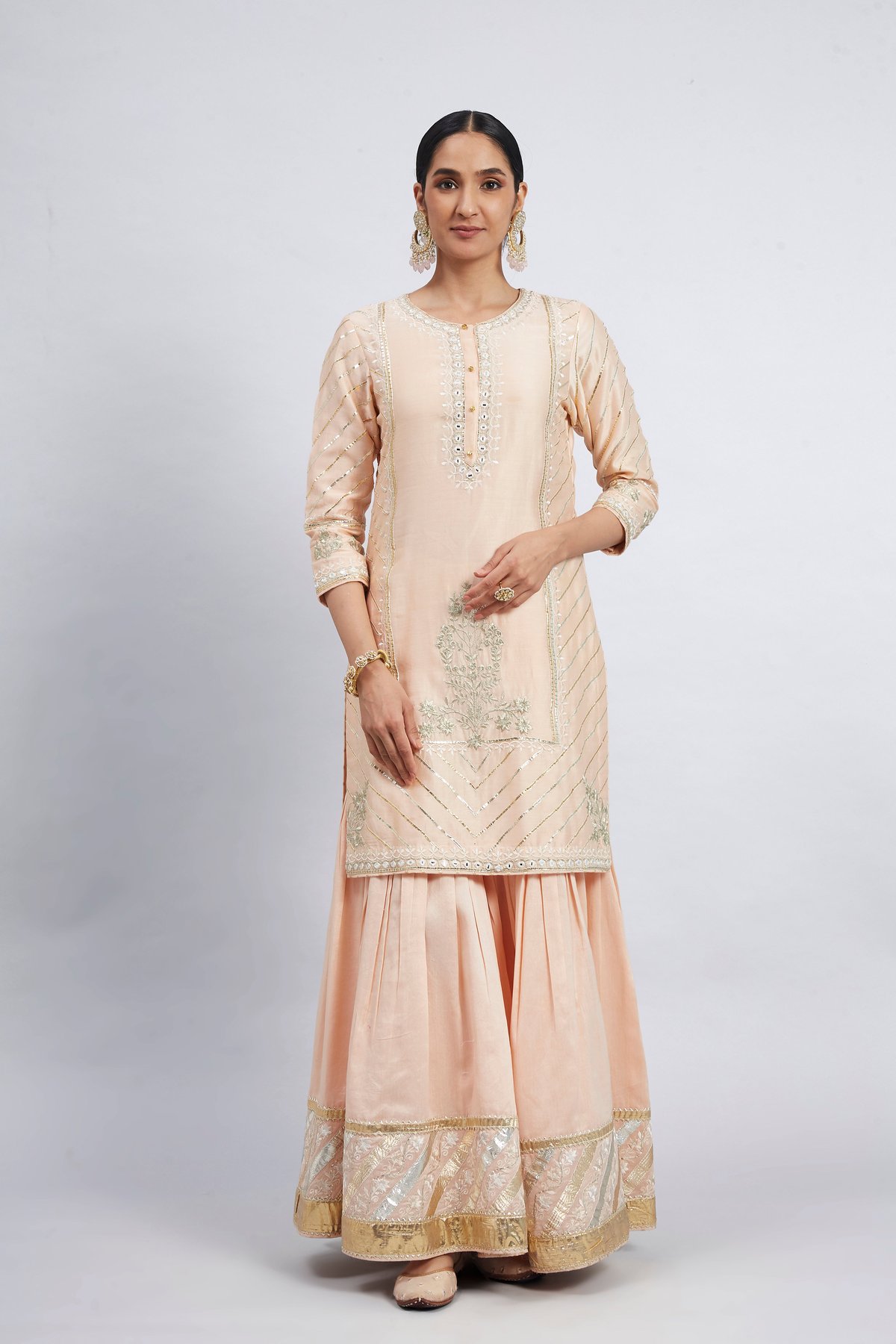 Peach Chanderi Silk Kurta Garara Set with Organza Dupatta