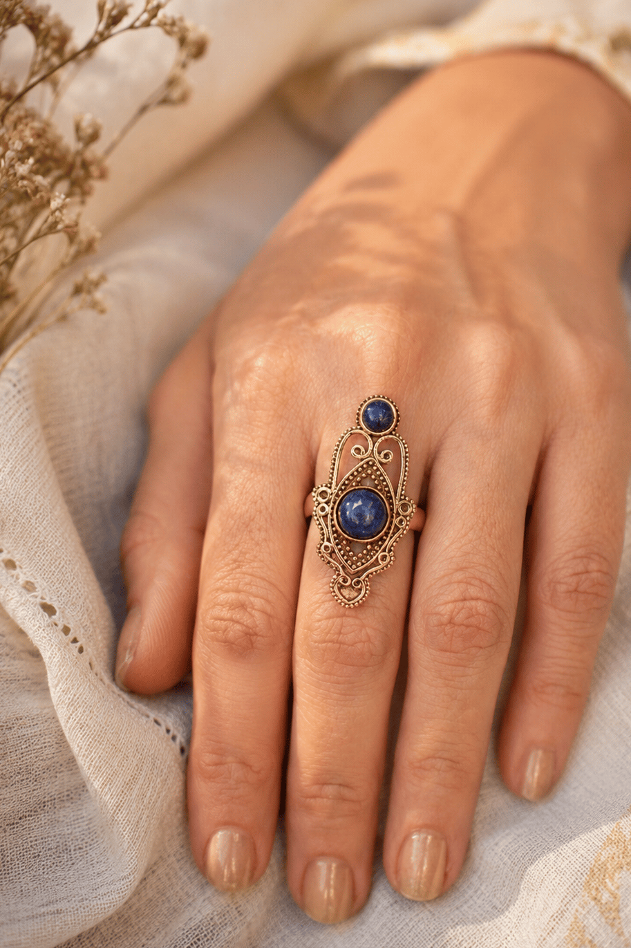 Ethnic Intricate Lapis Brass Ring