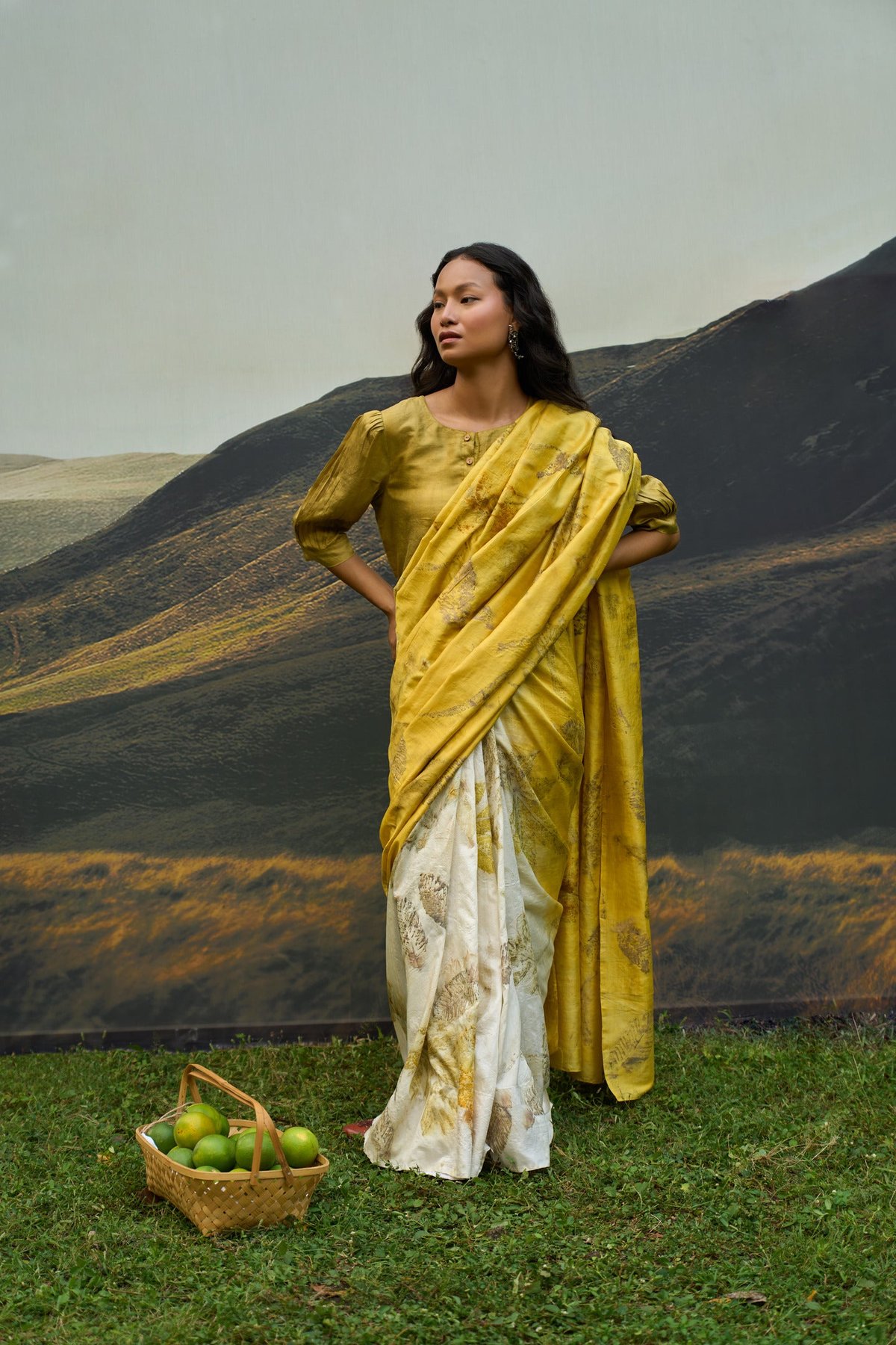 Yellow/Beige Half-and-Half Mulberry Silk Printed Saree