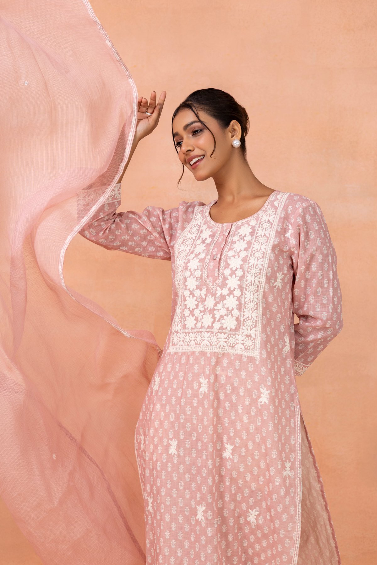 Pink Cotton Straight Kurta Set with Embroidered Yoke