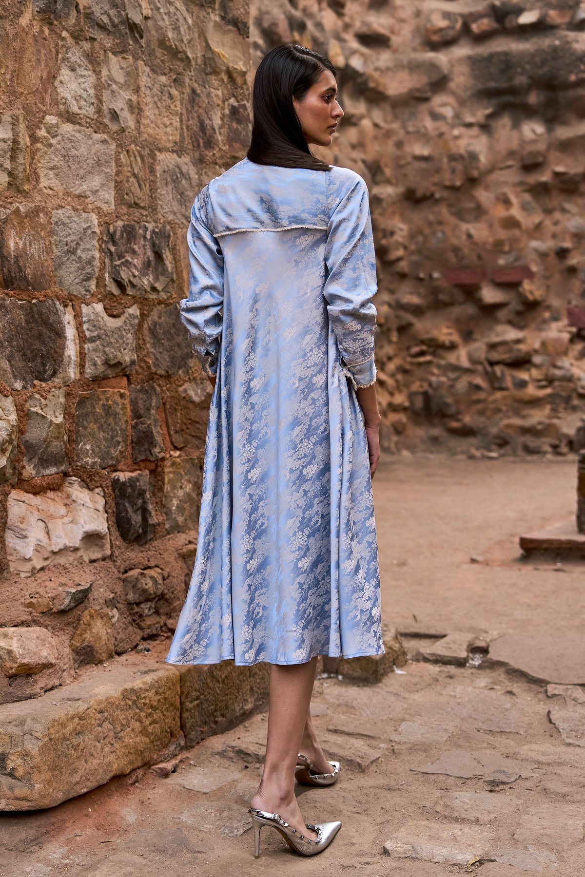 Sky Blue Jacquard A-Line Midi Dress with V-Neck