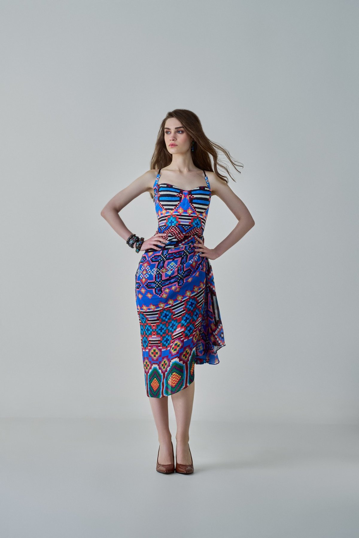 Blue/Multi Ikat-Inspired Side-Draped Midi Dress