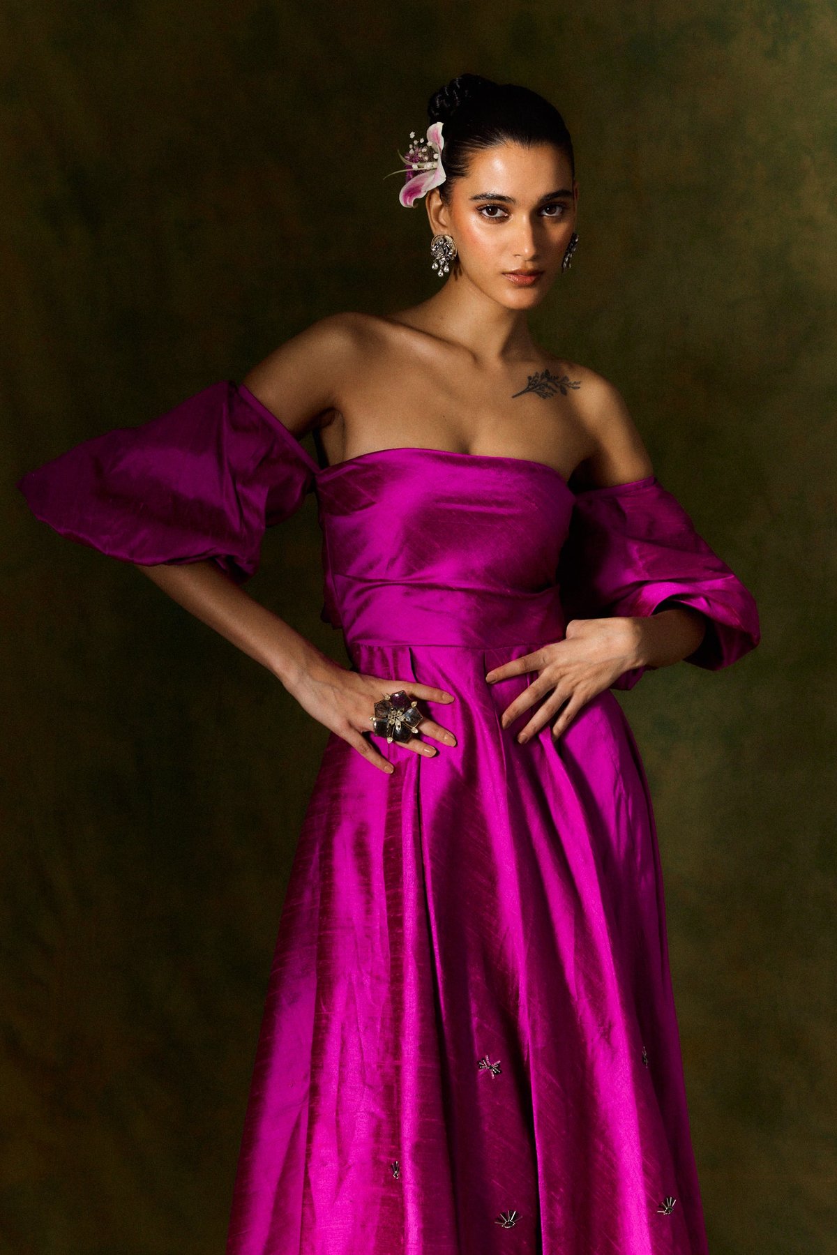 Hot Pink Off-Shoulder Raw Silk Fit and Flare Maxi Dress