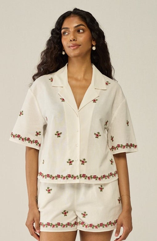 Embroidered Crop Shirt And Shorts Co-ord