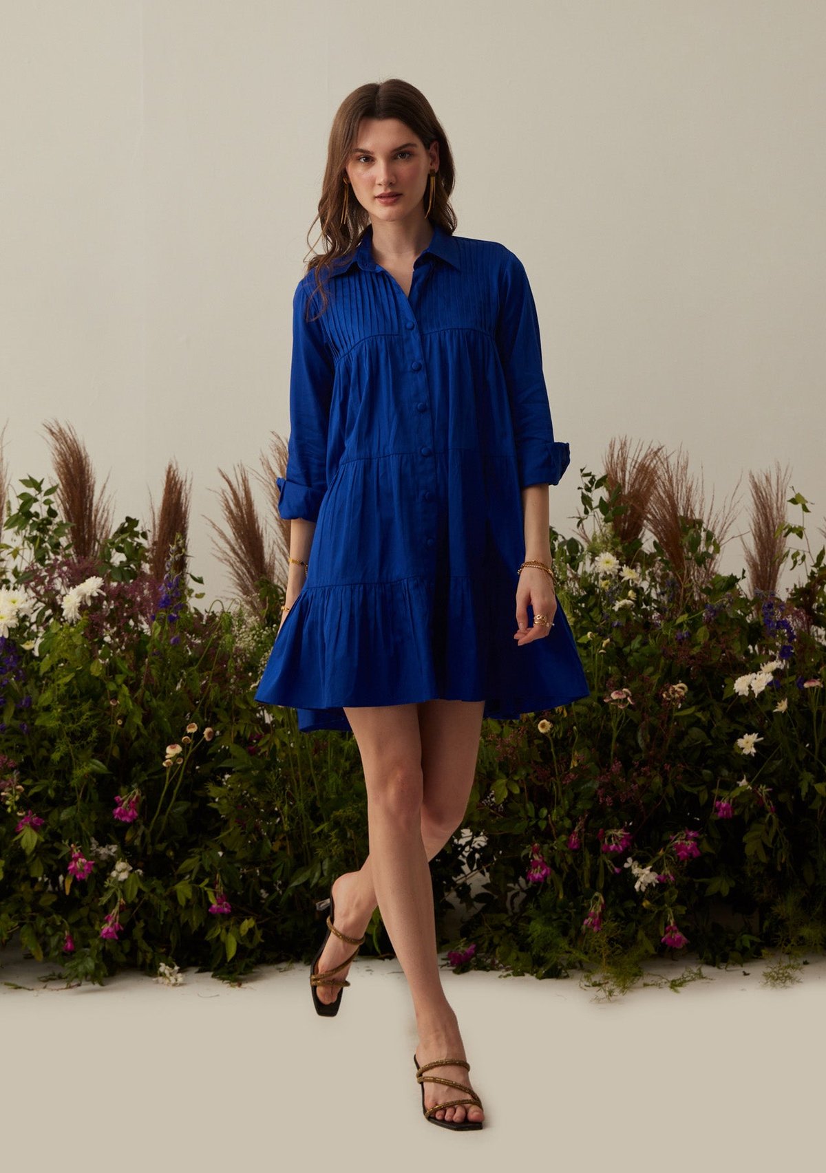 Royal Blue Cotton Button-Down Tiered Mini Shirt Dress