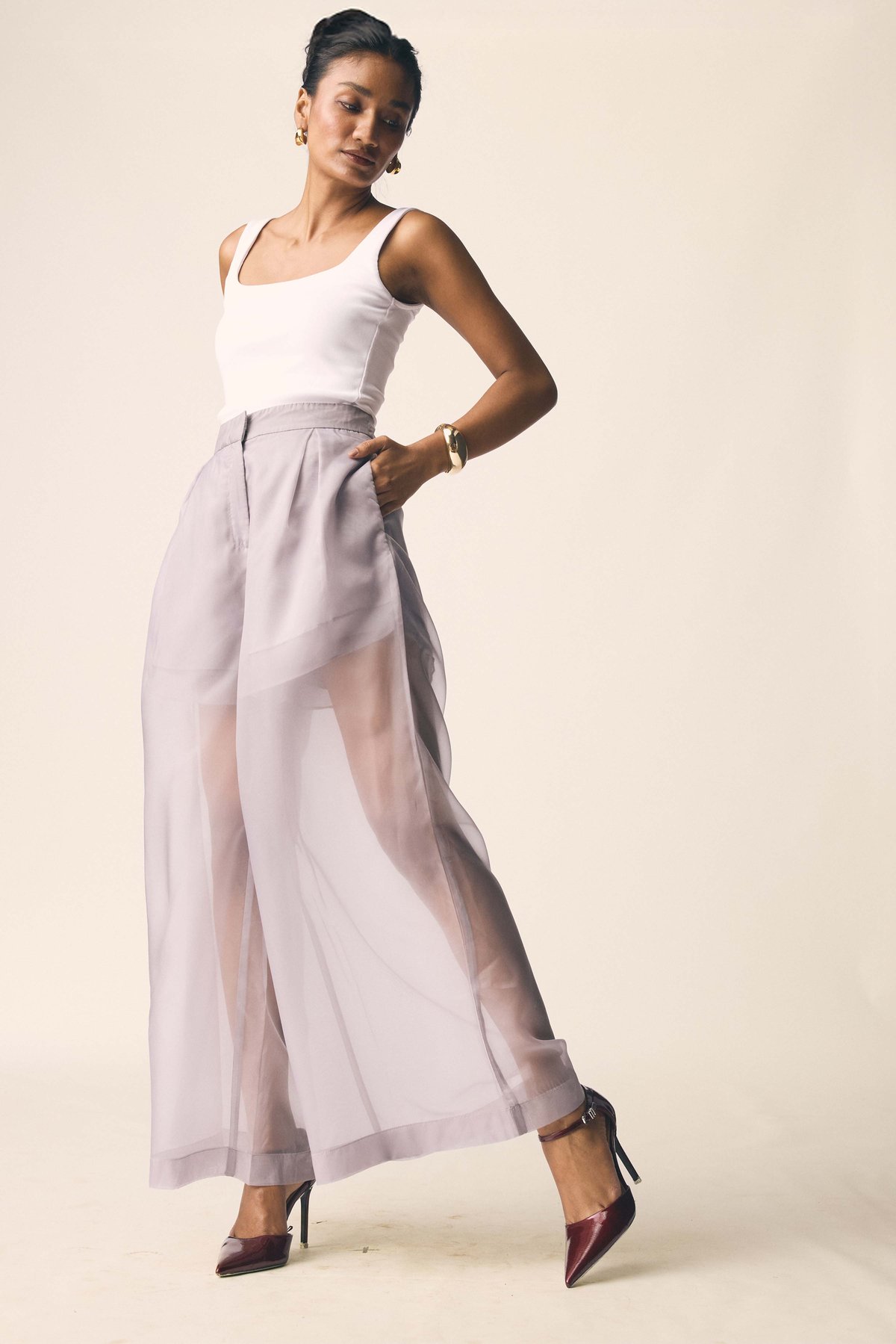 Grey Layered Organza Wide-Leg Pants