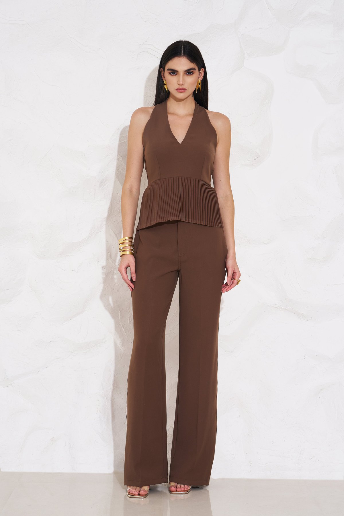 Brown Halter V-Neck Peplum Top and Pants Co-ord Set
