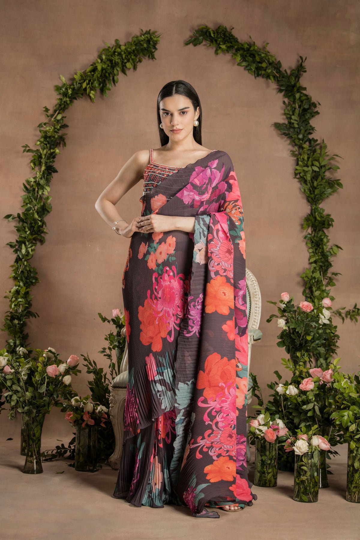 Dark Chocolate Pre-Draped Floral Print Georgette Saree