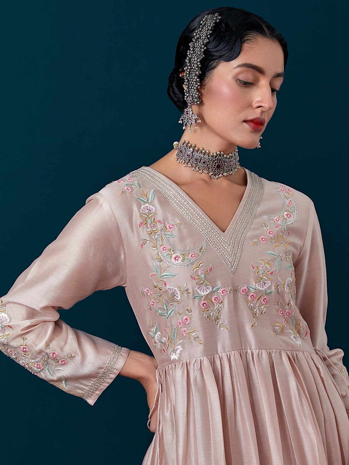 Old Rose Silk Chanderi Embroidered Yoke Flared Kurta