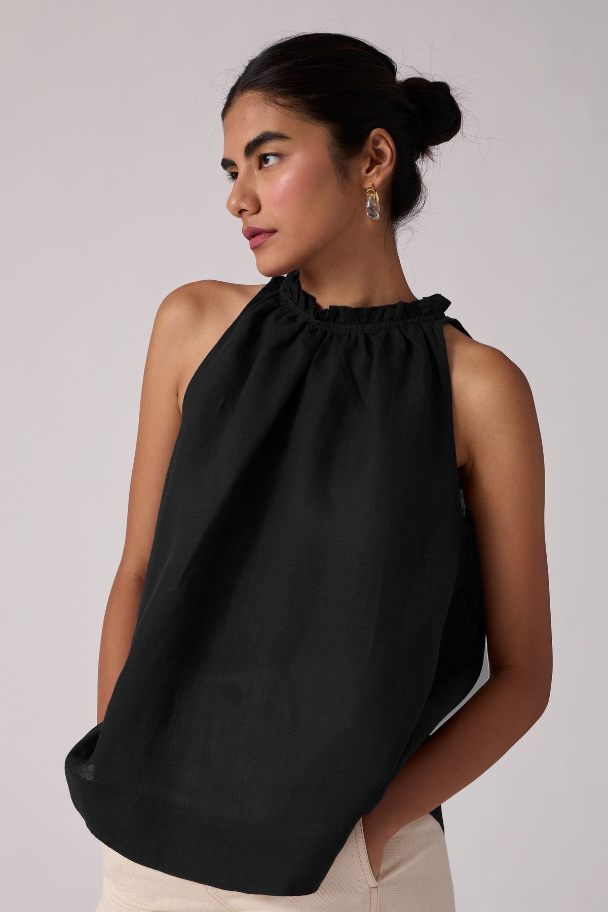 Black Linen Cotton Halter Neck Top with Ruffle Detail