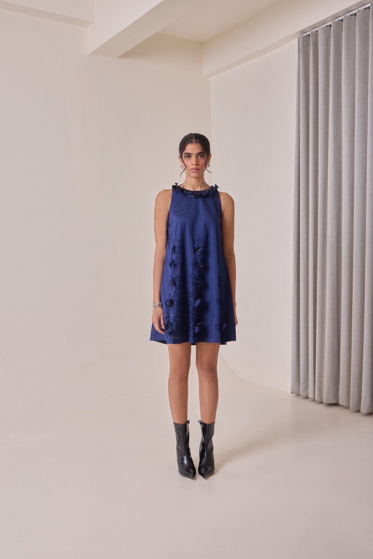 Navy Taffeta Cutwork Shift Mini Dress