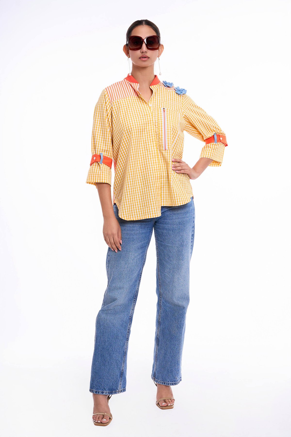 Yellow and White Gingham Patchwork Shirt