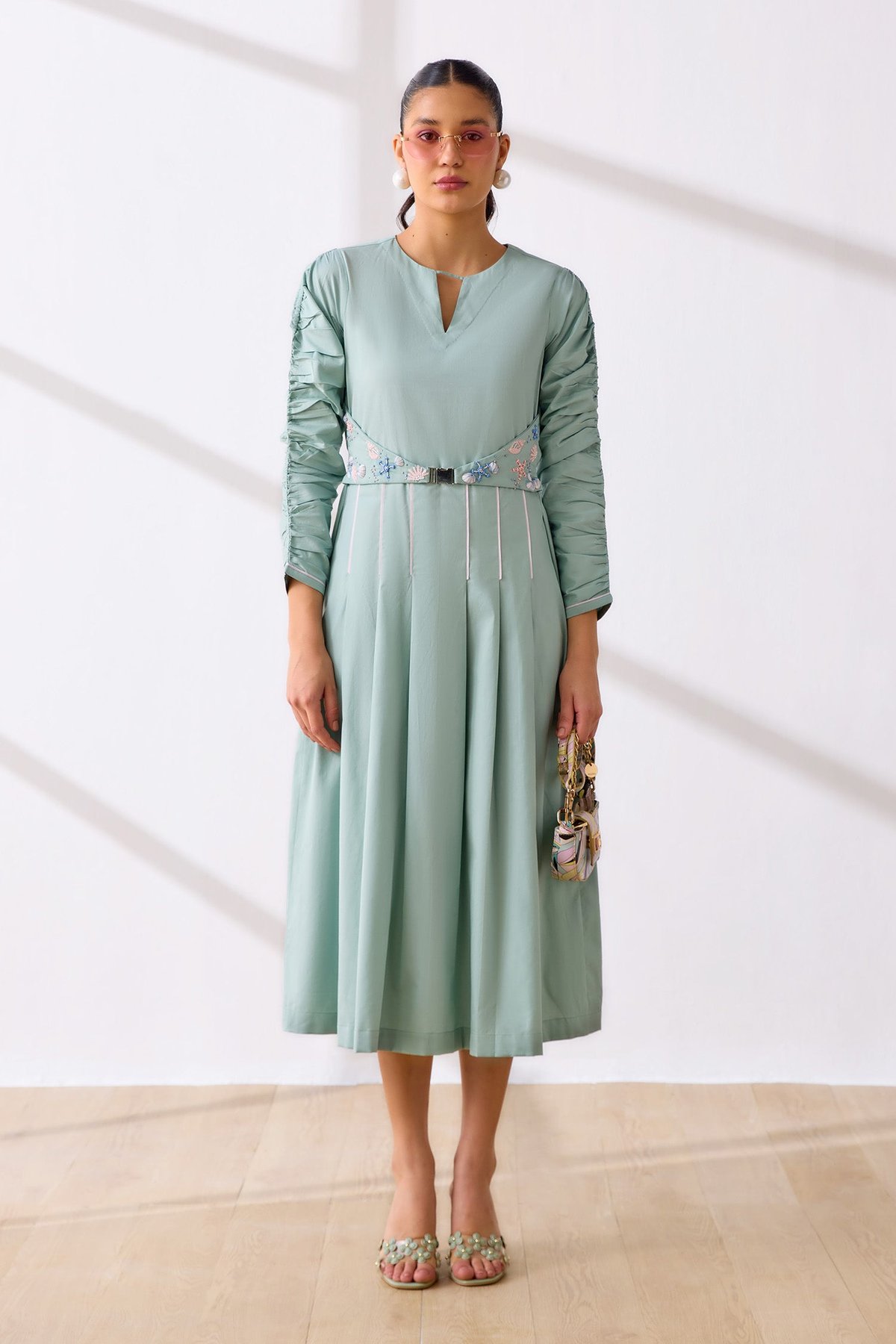 Sea Foam Fit and Flare Midi Dress with Embroidered Belt