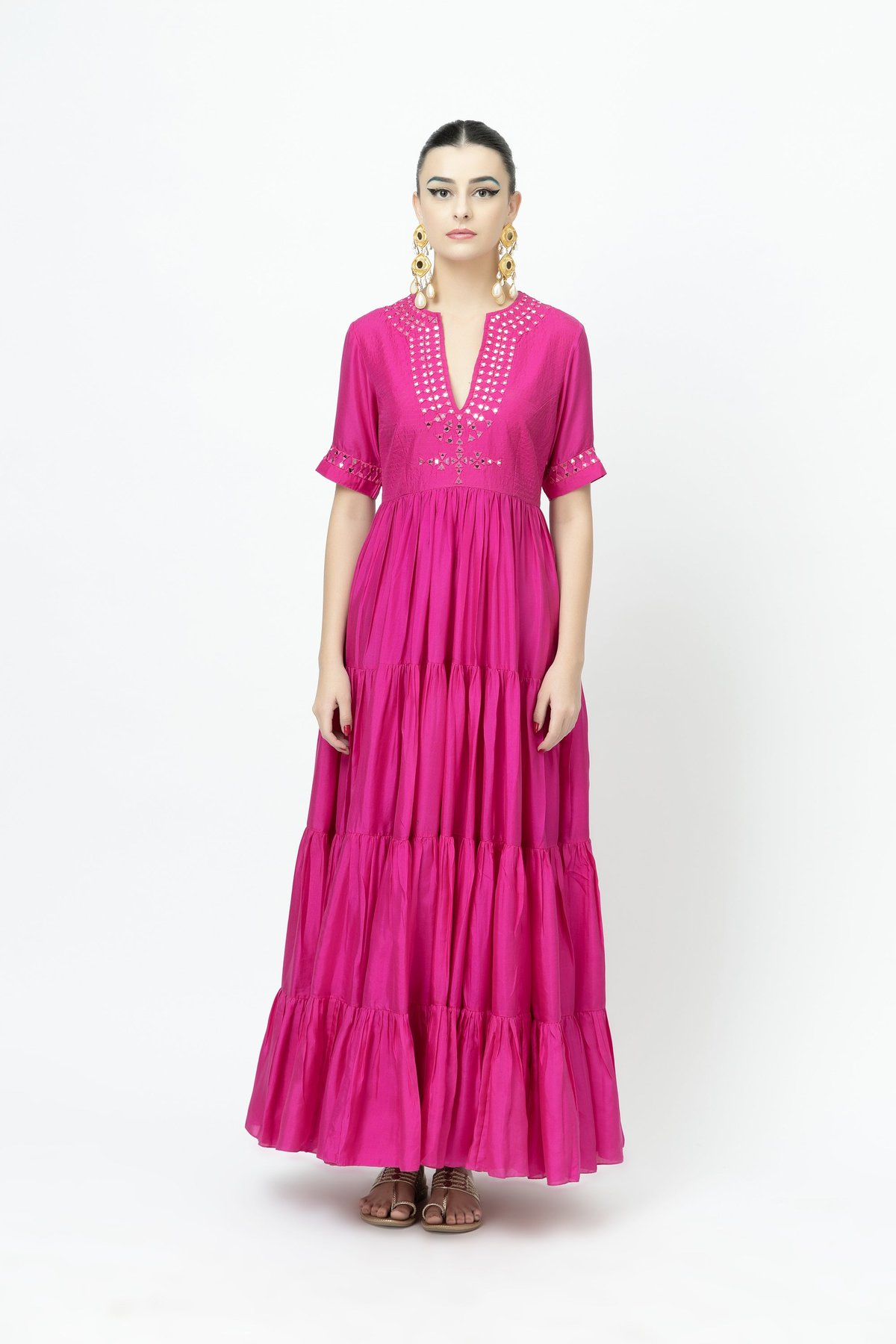 Pink Tiered Maxi Dress with Mirror-Detail V Neck