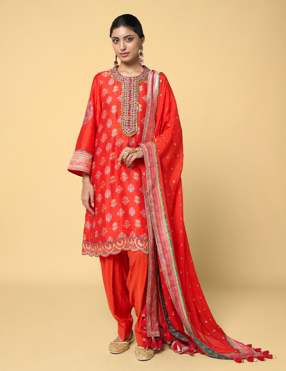 Red Printed Straight Kurta Set With Embellished Neckline