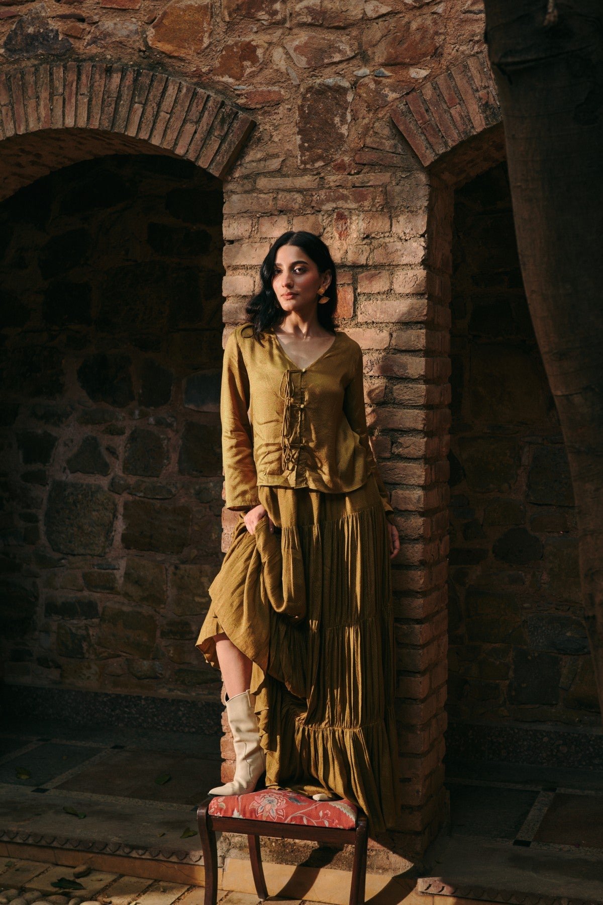 Mustard Tiered Gathered Maxi Skirt