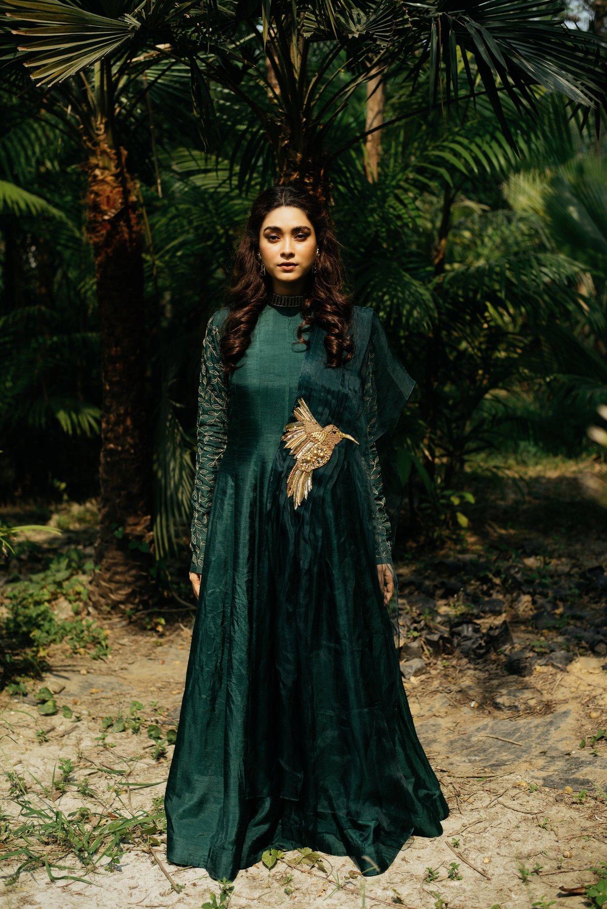 Green High Neck Anarkali Kurta Set with Embroidered Sleeves