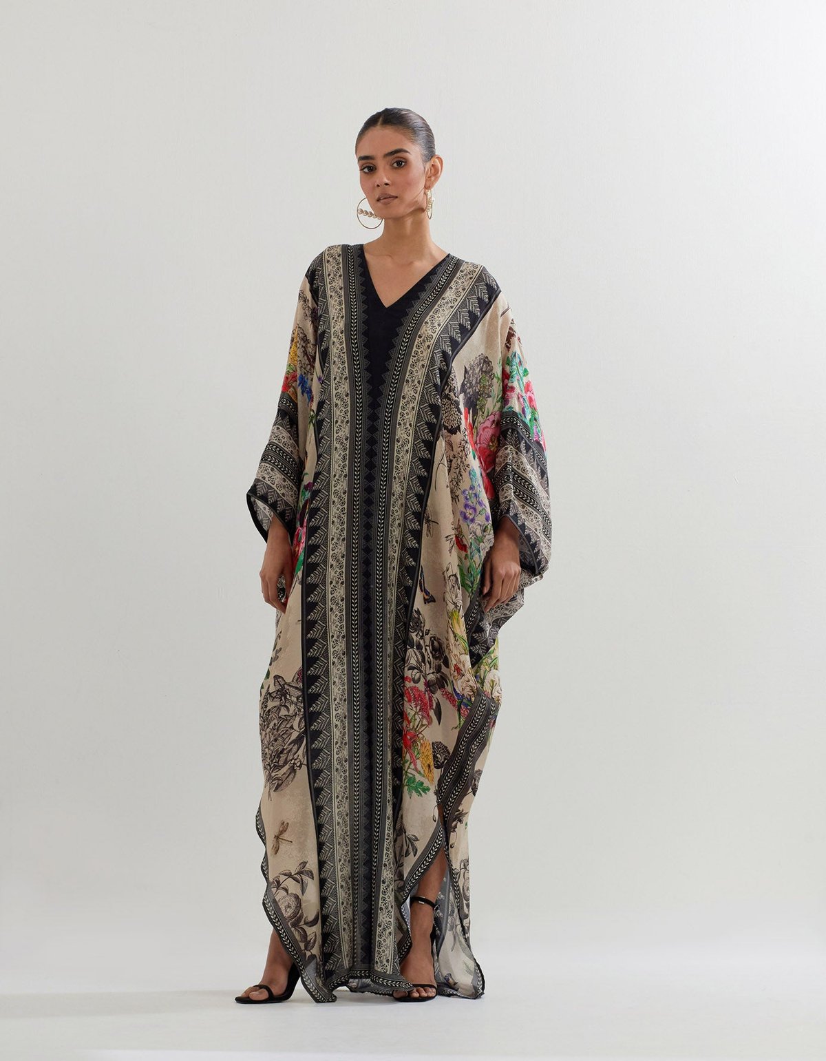 Beige Botanical Print Modal Silk Maxi Kaftan