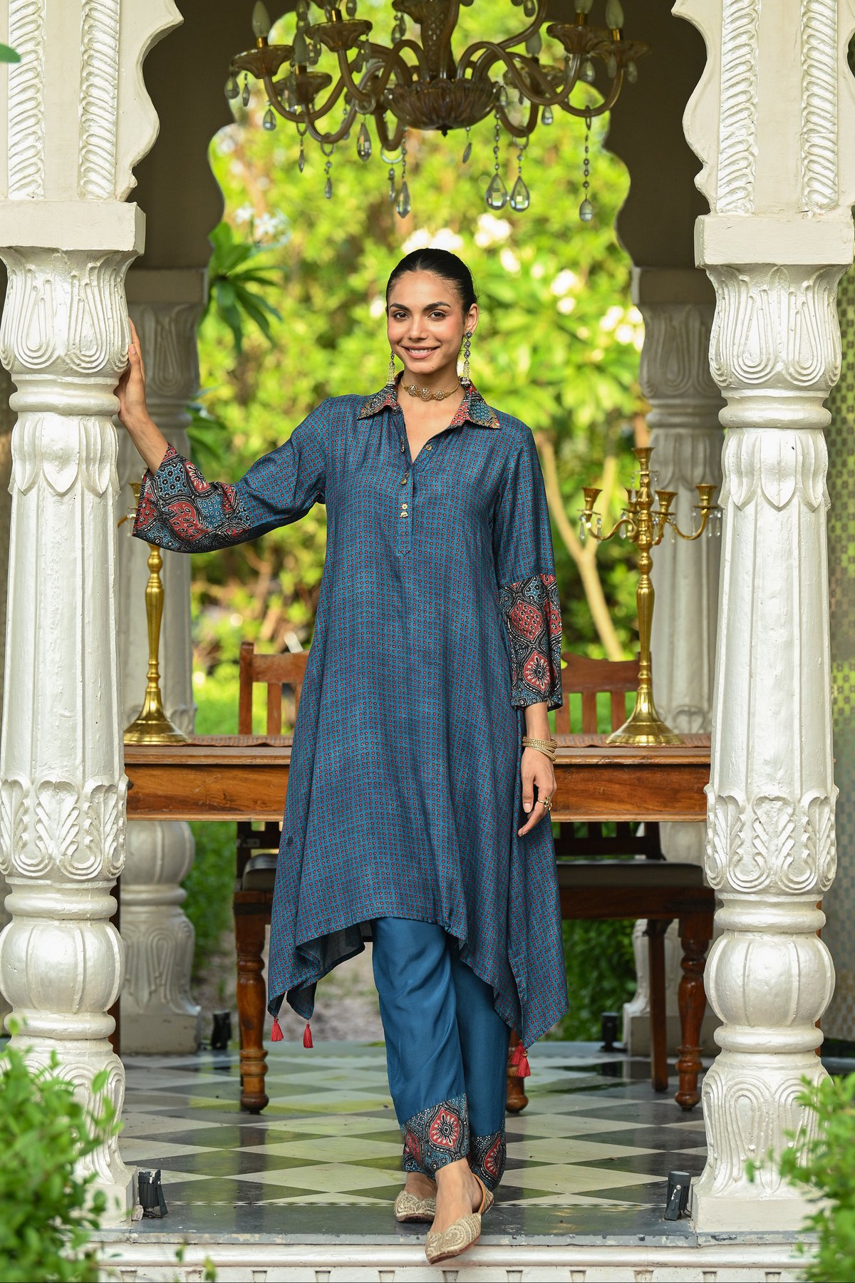 Blue Block Print Muslin A Line Kurta Set