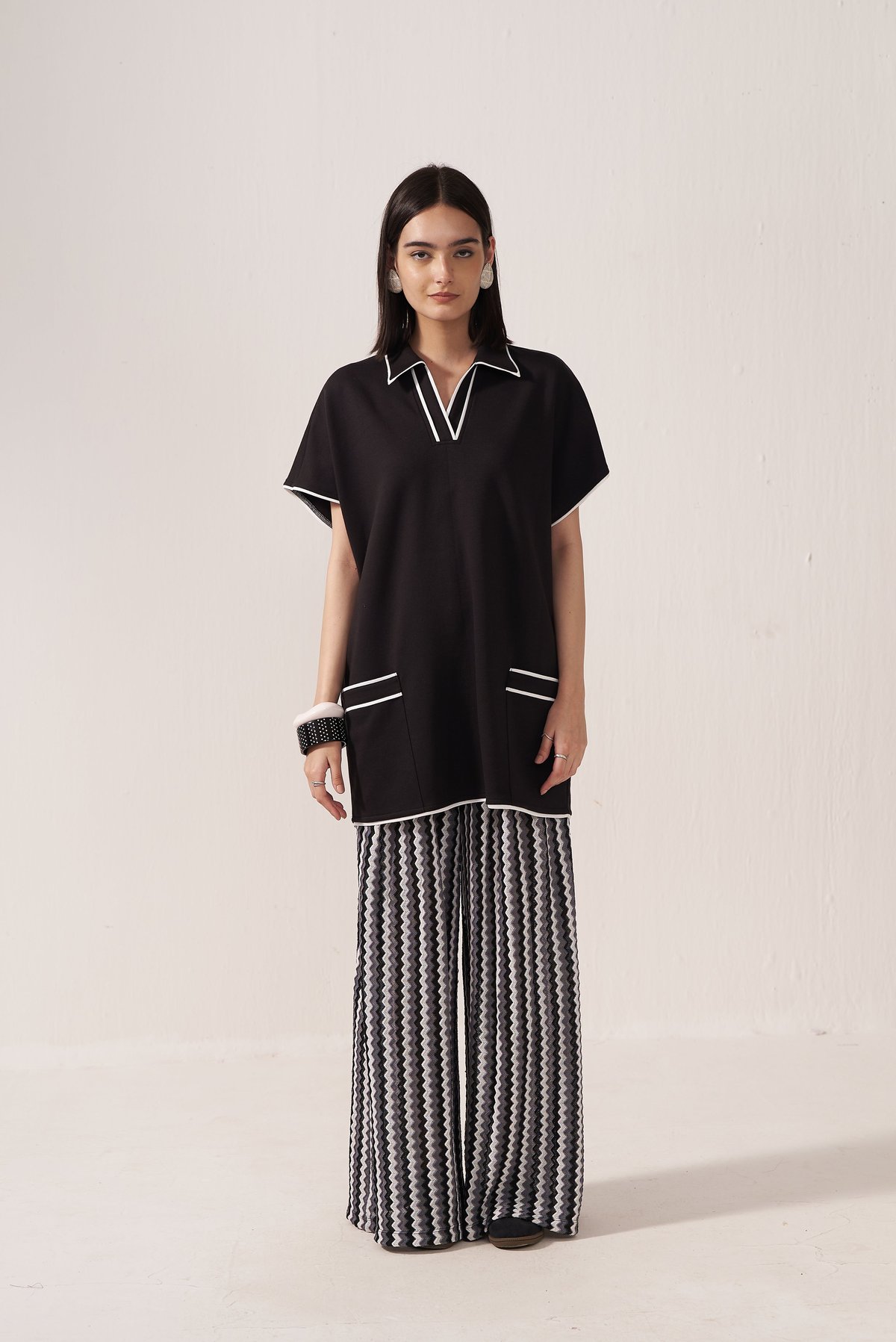 Black and White Tunic Top and Geometric Pants Co-ord Set
