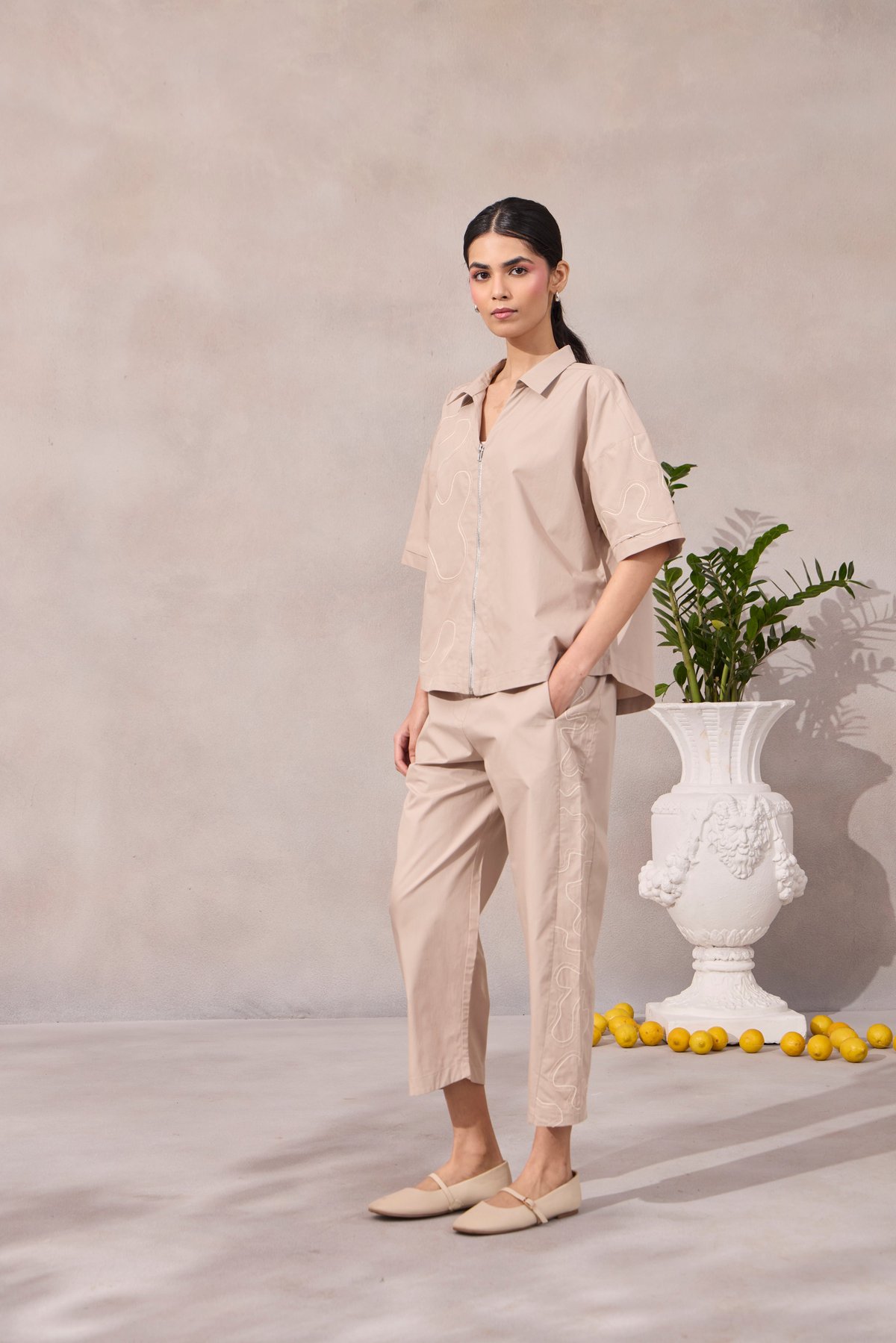 Ginger Beige Cotton Poplin Shirt and Pant Co-ord Set