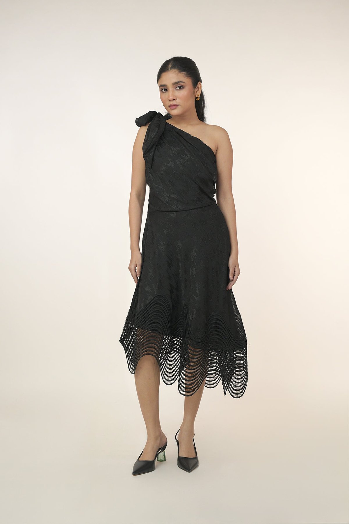 Black One-Shoulder Tie-Up Midi Dress with Lace Hem