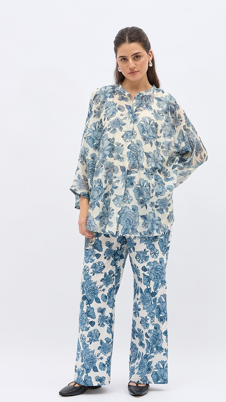 Blue Blossom Flower Namah Print Pants