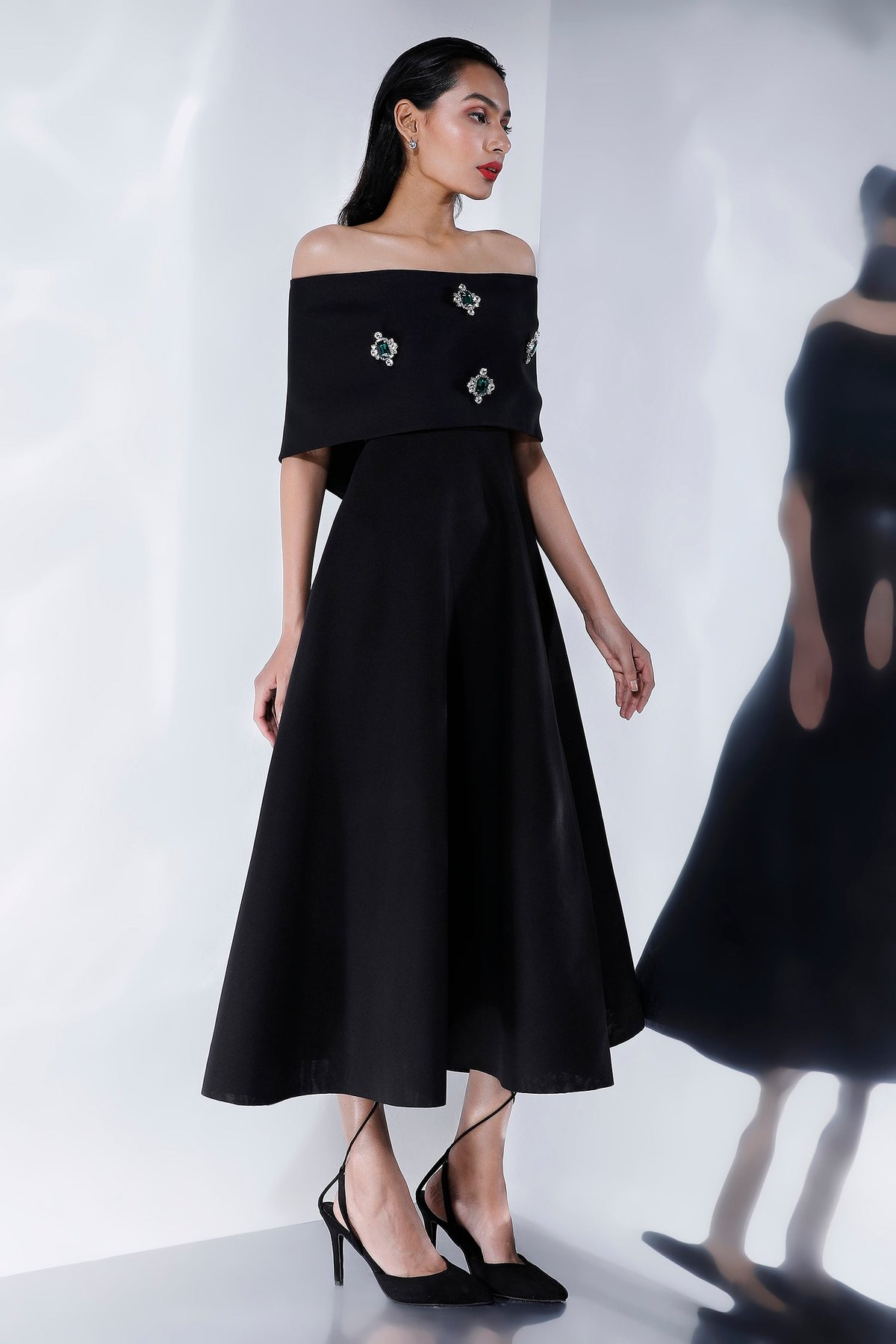Black Strapless Fit and Flare Midi Dress with Studded Wrap