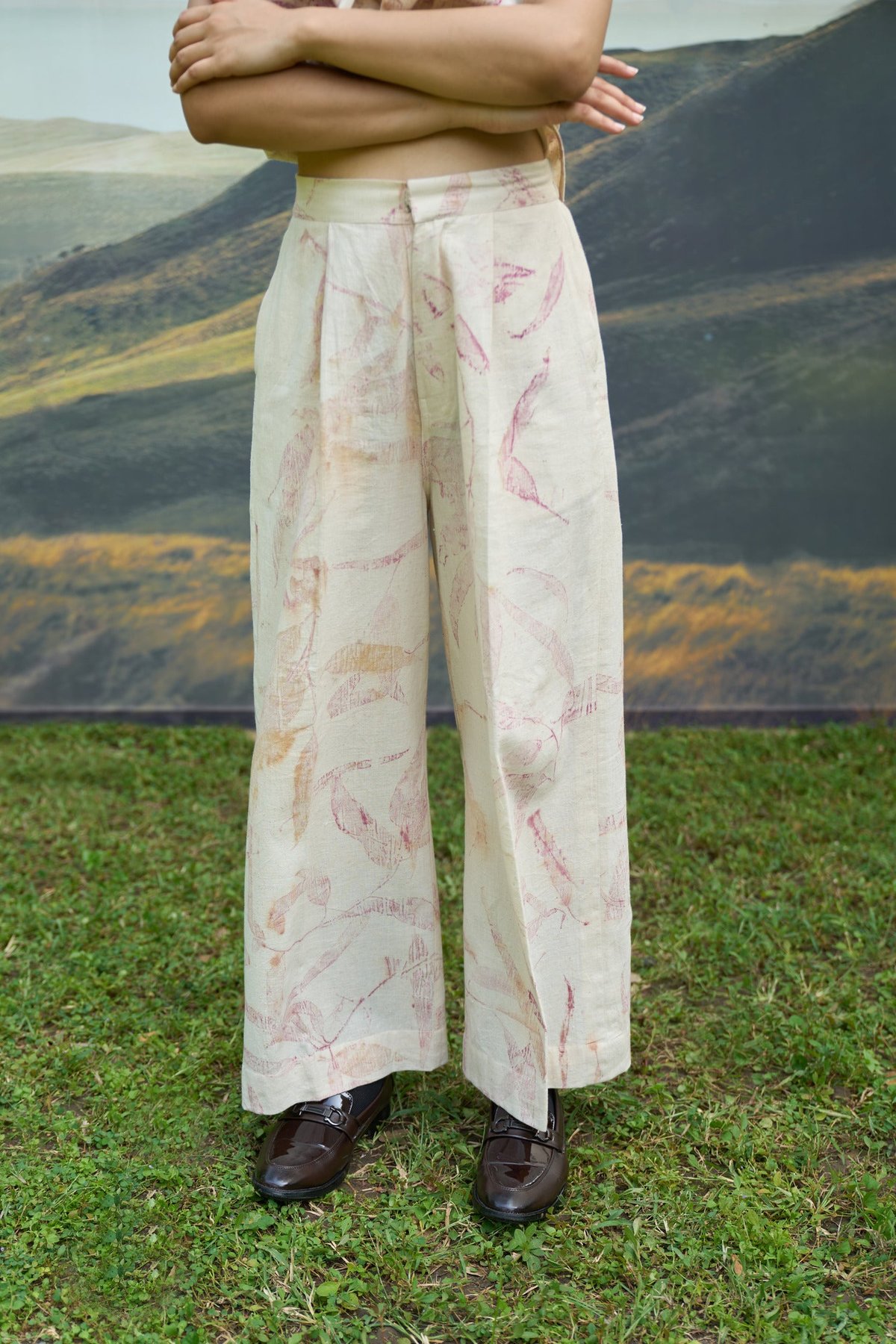 Pink/Beige Printed High-Rise Flared Trousers