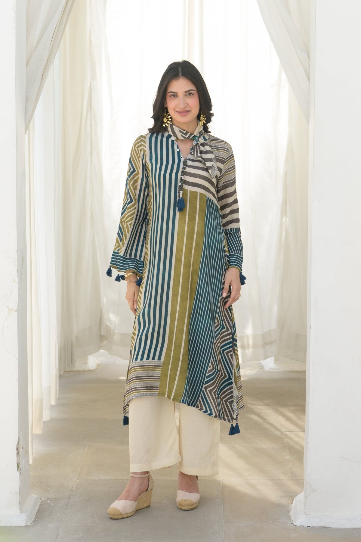 Mustard and Green Stripes Muslin A Line Kurta Set-SET OF-2