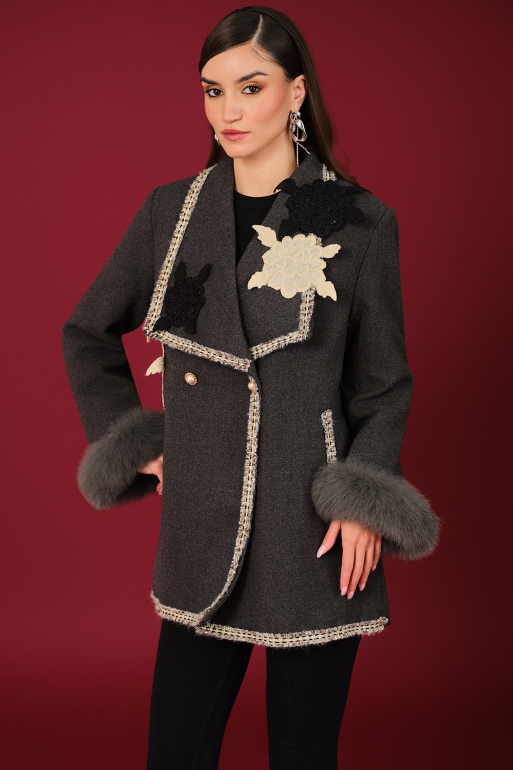 Charcoal Wool Applique Coat with Contrast Trim and Fur Cuffs