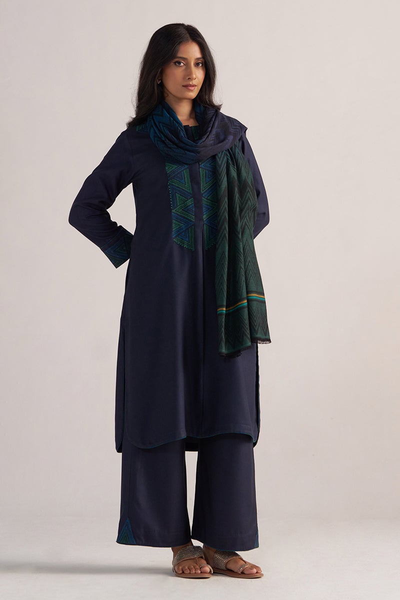 Carbon Blue Straight Embroidered Kurta Set with Dupatta