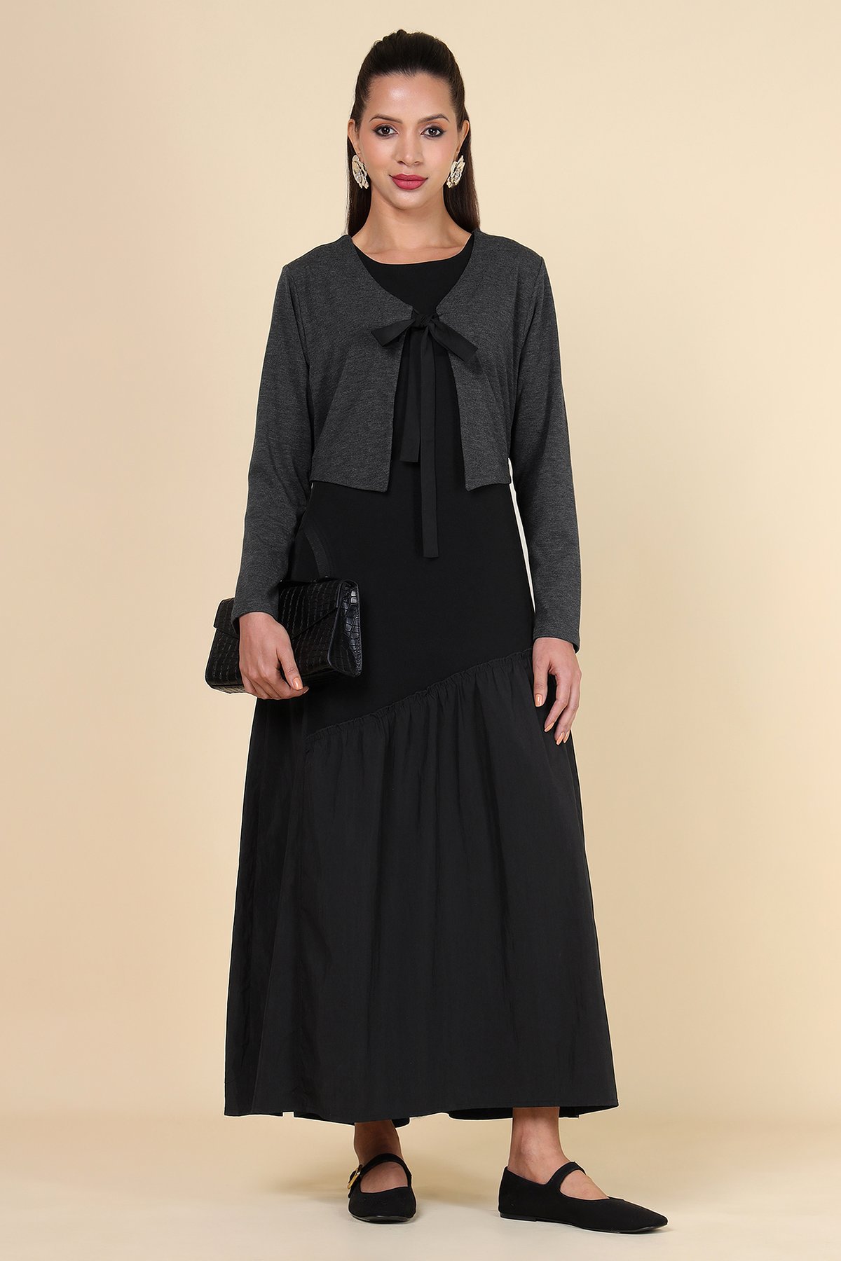 Black and Grey Layered-Look V-Neck Maxi Dress