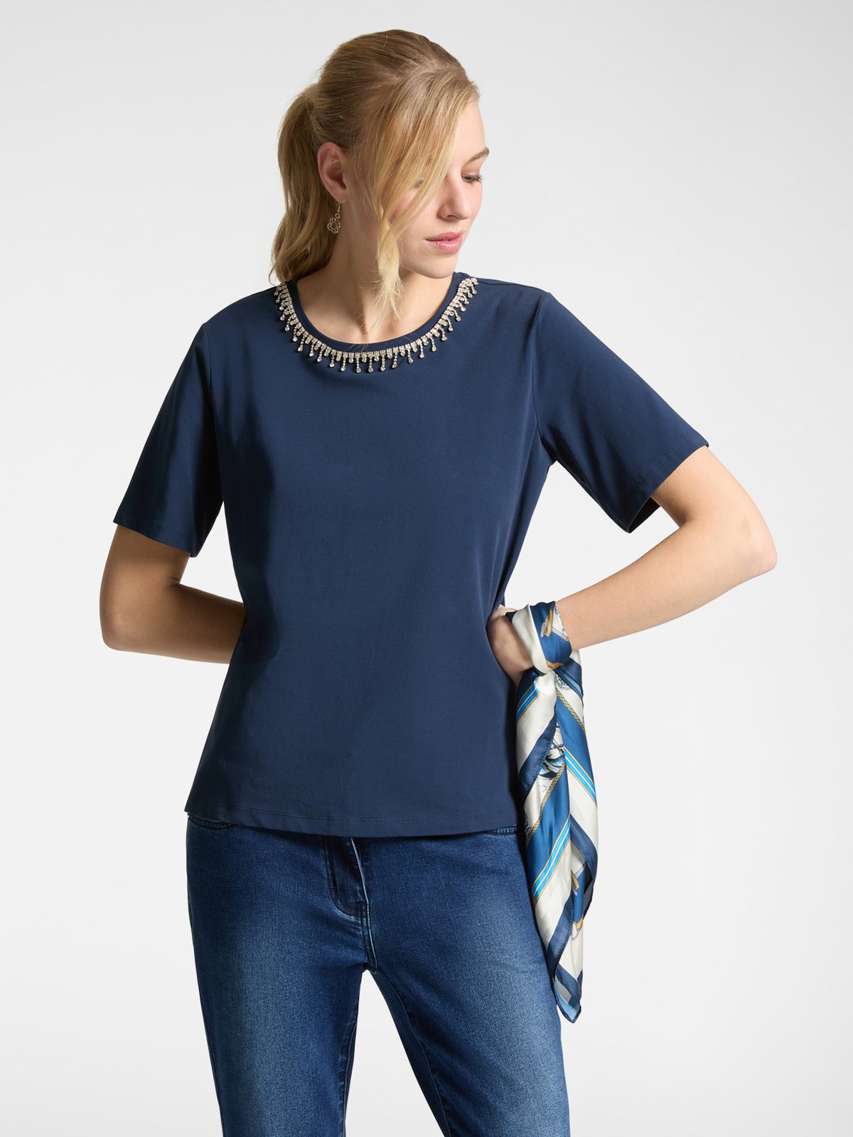Blue Crew-Neck T-Shirt with Rhinestone Neckline