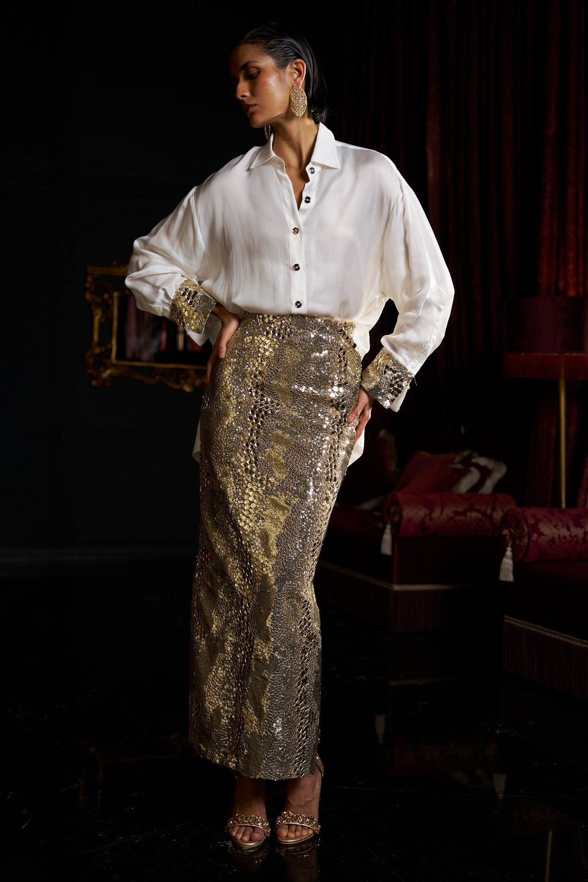 Gold Mirror and Sequin Maxi Skirt