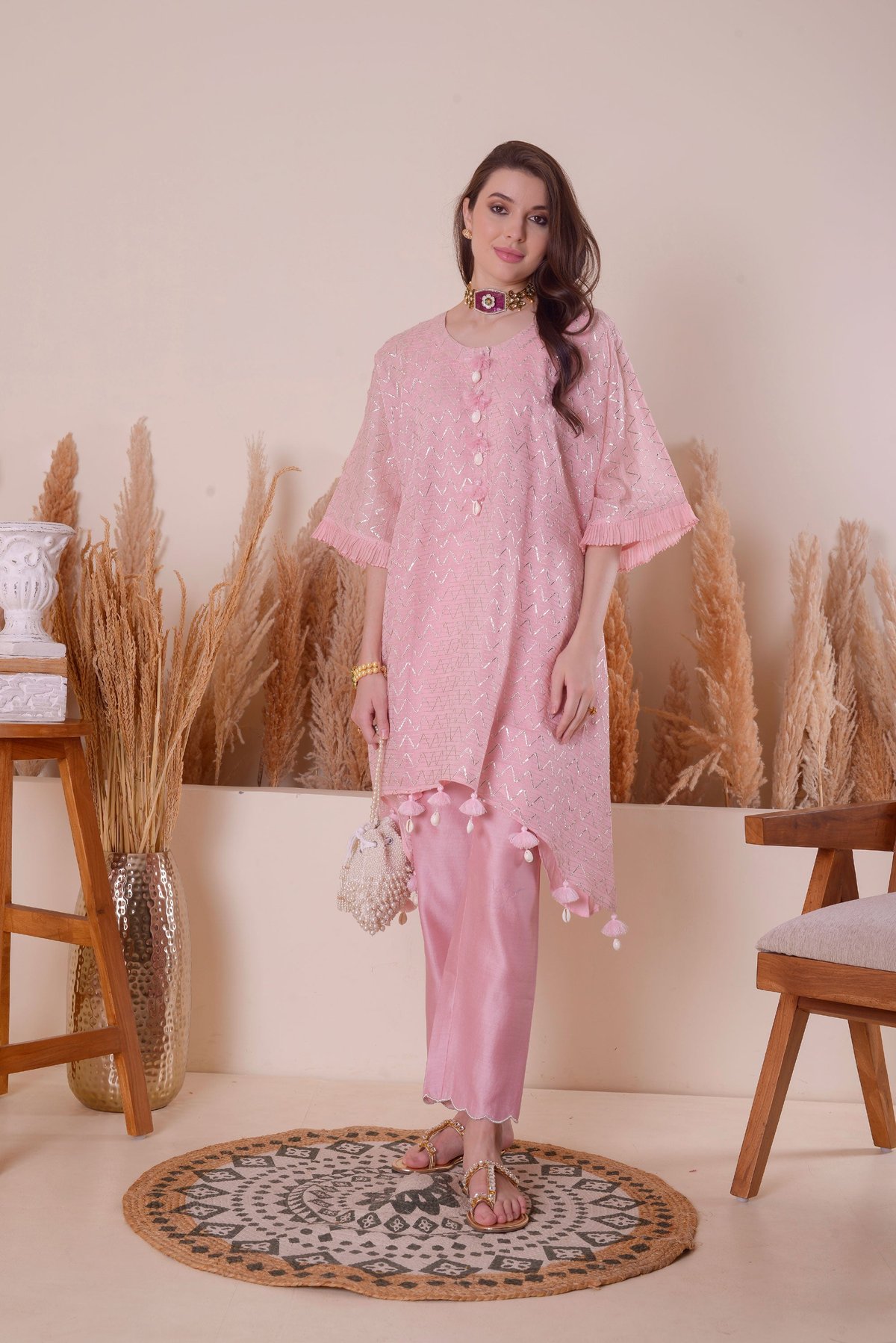 Soft Pink Kimono Kurta Set with Dhoti Pants