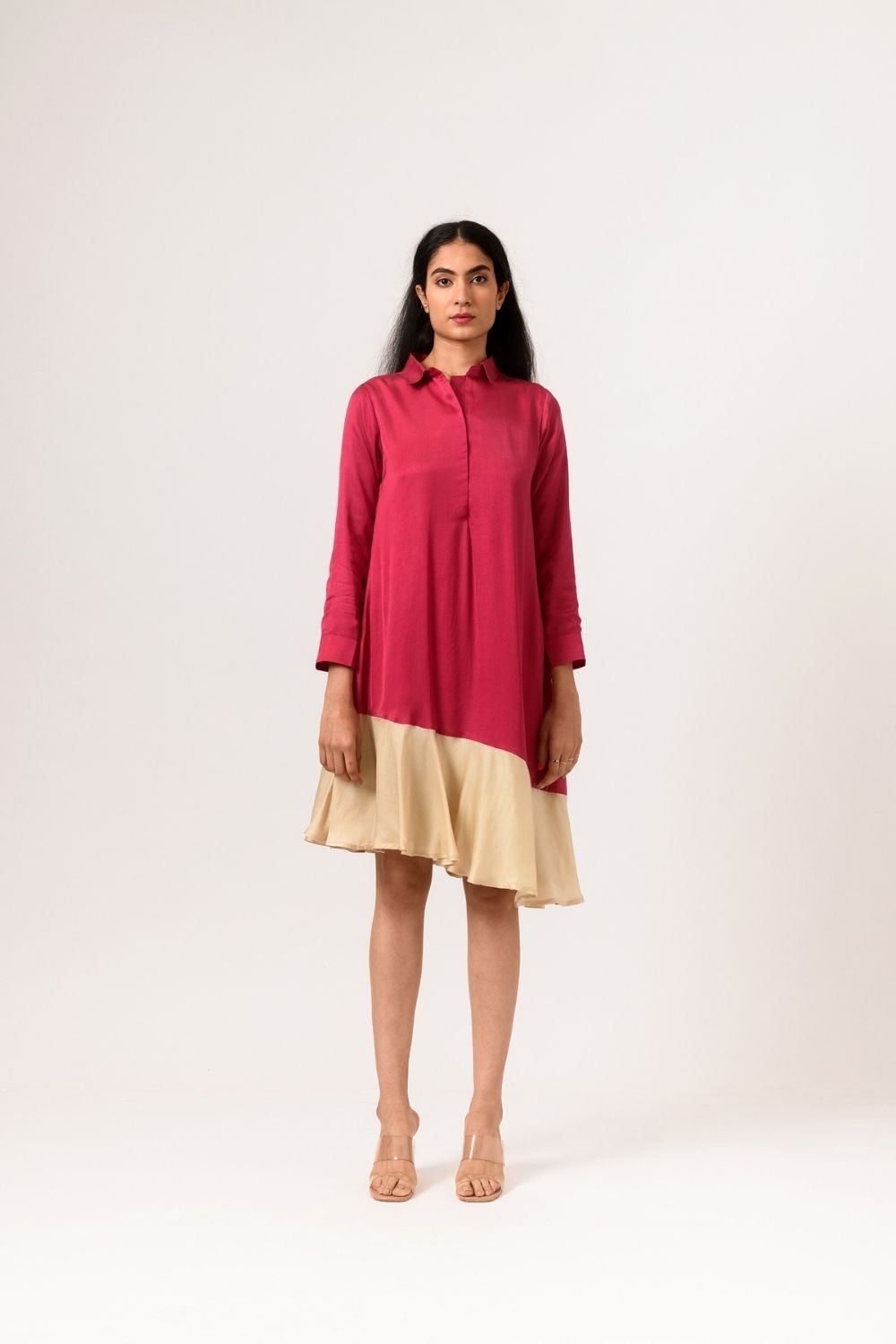 Wine and Ecru Asymmetrical Colorblock Shirt Dress