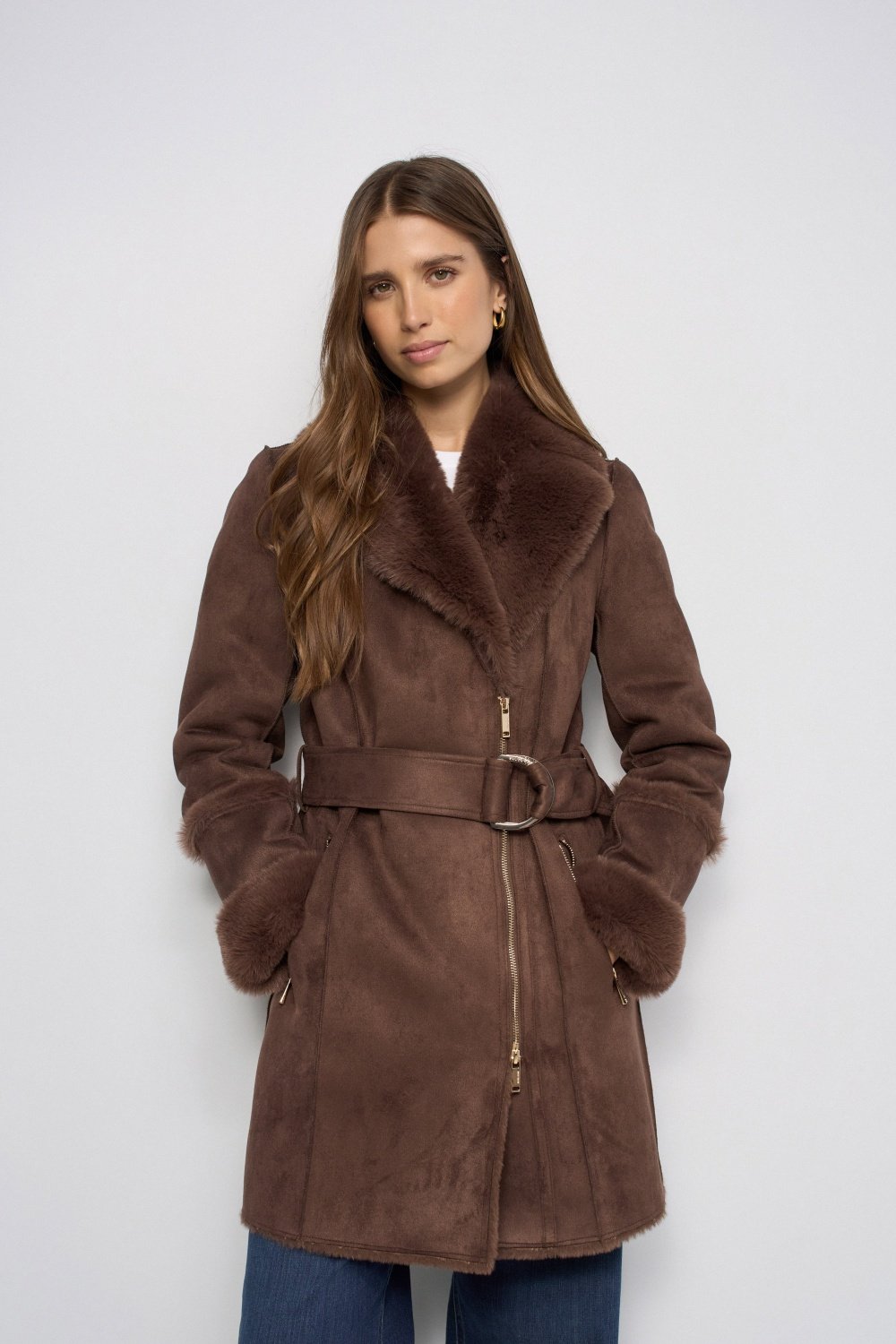Long Shearling Coat With Front Zip