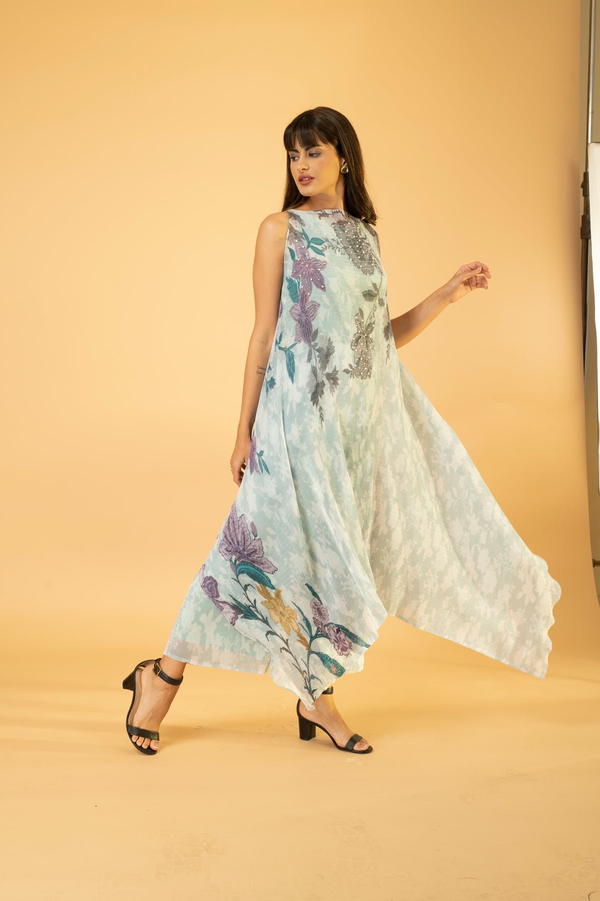 Blue Floral Printed Kaftan Kurta Set with Pearl Detail